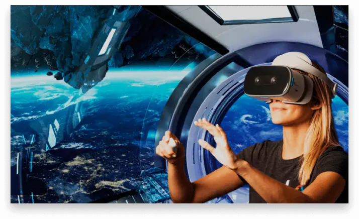 A girl in a VR headset plunges into space